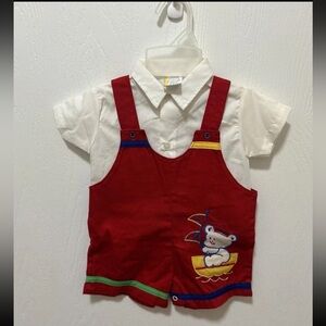 Vintage 90s 6-9 Month Baby Boy Never Worn Red Overall 2 Piece Set Bear Sailboat